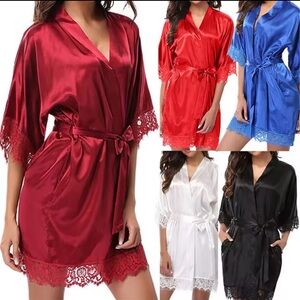 Ice Silk Nightdress Lace edge short sleeve Homewear Bathrobe thong+ gown+ belt